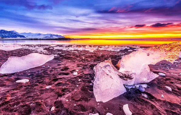 Ice, winter, the sky, color, clouds, sunset, mountains, shore