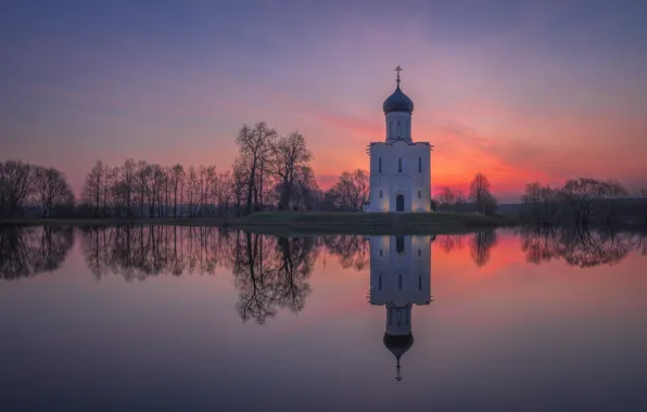 Trees, sunset, reflection, river, Church, temple, Russia, spill