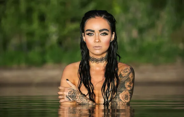 Picture girl, tattoo, in the water, Sunset Swim, Miia P