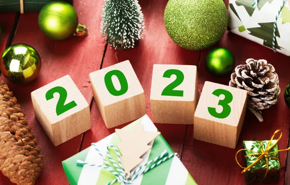 Balls, cubes, Board, Shine, green, figures, gifts, New year