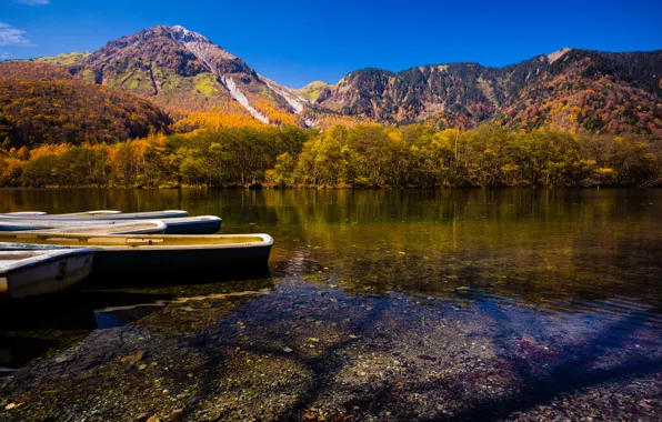 Picture the sky, mountains, lake, boats, solar