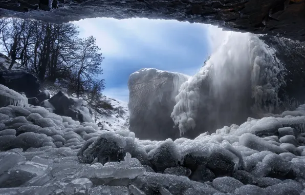 Winter, the sky, snow, trees, stones, waterfall, ice, arch
