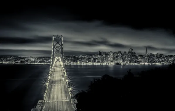 Night, bridge, lights, CA, San Francisco, California, San Francisco, Bay Bridge