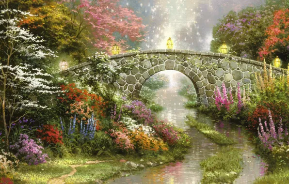 Flowers, bridge, nature, magic, lights, beautiful, magic, painting