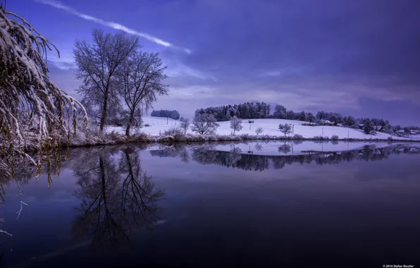 The sky, water, snow, trees, surface, reflection, river, hills