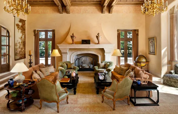 Wallpaper design, style, interior, fireplace, living room, Atherton ...