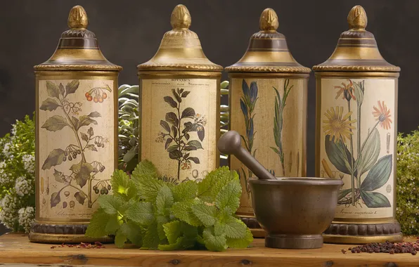 Greens, table, jars, spices, mortar