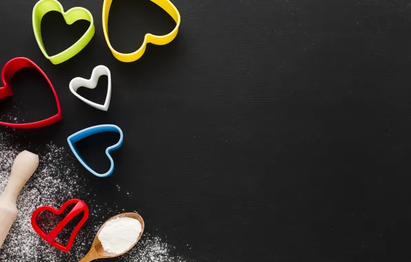 Table, holiday, heart, heart, spoon, hearts, black background, placer