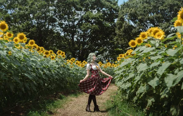 Girl, sweetheart, model, Field, Asian, Wallpaper, Sunflowers, Pendant