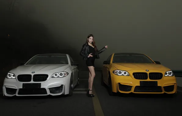 Road, look, girl, BMW, Asian, car, beautiful girl