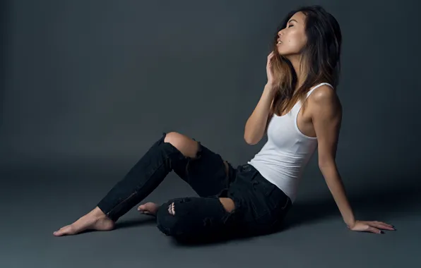 Picture hair, model, torn, legs, face, background, jeans
