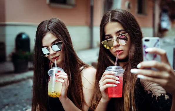 Sunglasses, youth, waste of time, non-alcoholic beverages purchased from a franchise, social media