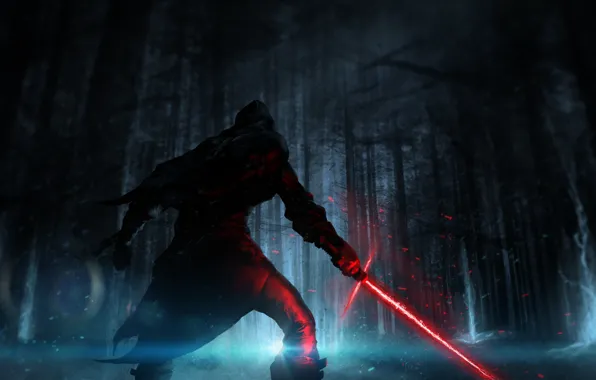 Picture forest, Star Wars, art, lightsaber, sith, The Force Awakens, Star Wars: The Force Awakens