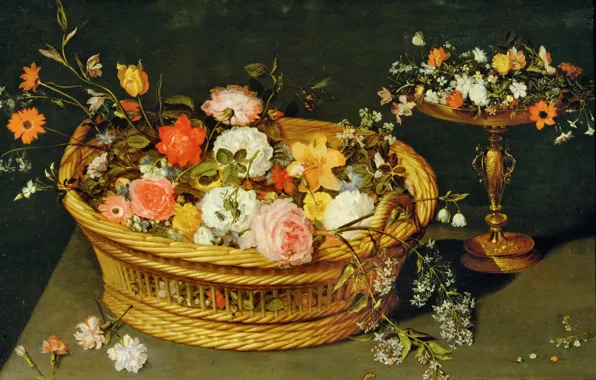 Basket, picture, vase, Jan Brueghel the younger, Still life with Flowers