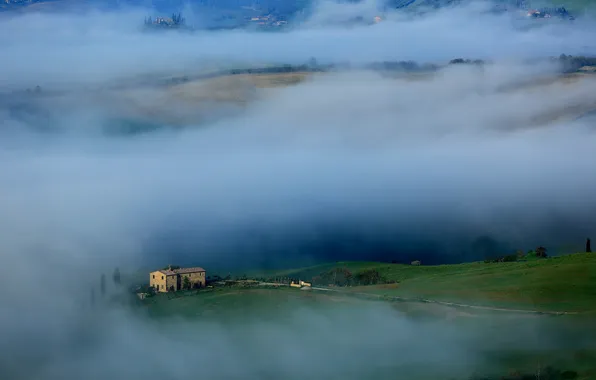 Grass, fog, house, hills, Italy, Tuscany