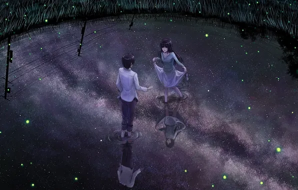 Picture water, girl, night, lake, fireflies, guy