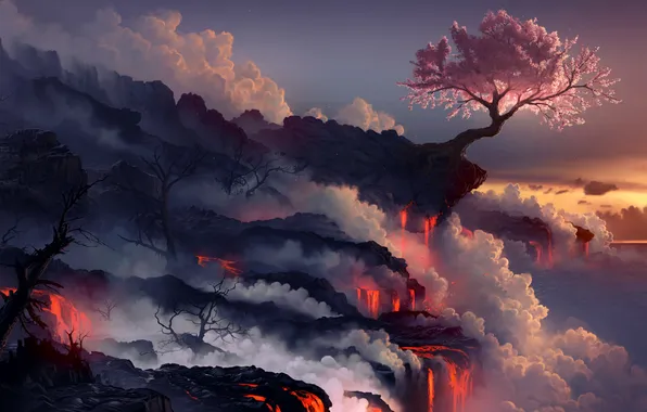 Clouds, tree, waterfall, burning lava