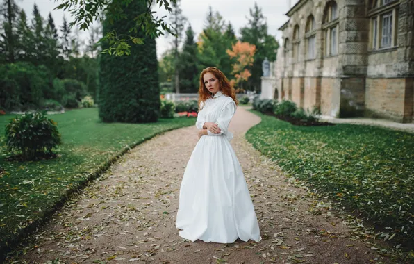 Picture look, leaves, girl, house, model, portrait, garden, dress