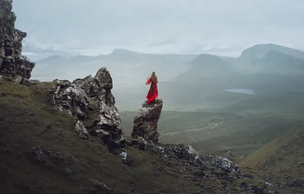 Picture girl, rocks, dress, in red, Lizzy Gadd, Isolated Desolation