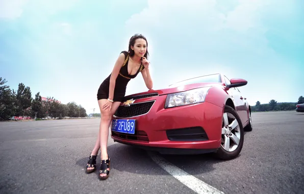 Picture look, Girls, Chevrolet, Asian, beautiful girl, red car, posing on the car