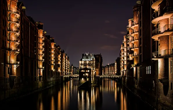 Picture water, night, reflection, castle, lighting, Hamburg, ditch