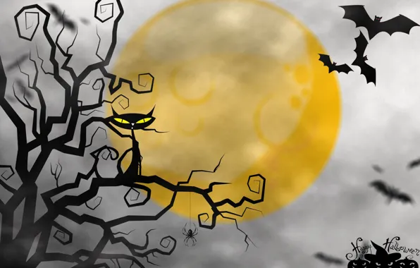 Picture cat, the moon, Halloween, mouse, Happy Halloween