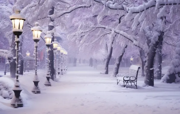 Winter, frost, road, light, snow, trees, bench, branches