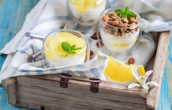 Mint, grapefruit, almonds, yogurt, granola
