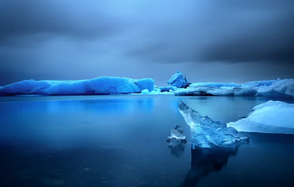 Ice, sea, reflection, storm, gray clouds