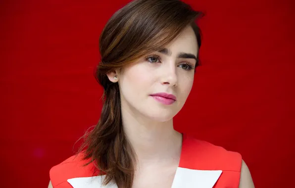 Red, background, portrait, makeup, actress, hairstyle, brown hair, beauty