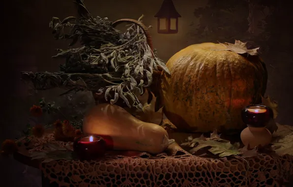 Autumn, candle, pumpkin, still life, Halloween