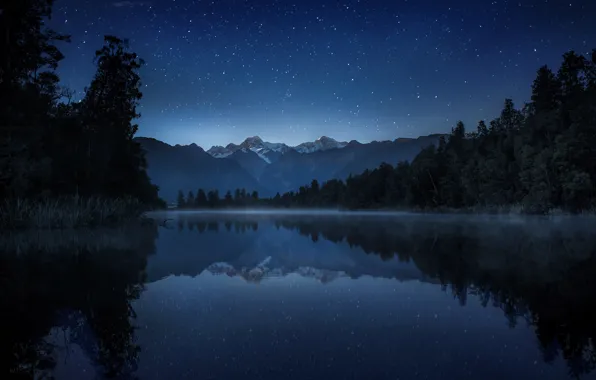 The sky, stars, trees, mountains, night, lake, reflection, the reeds