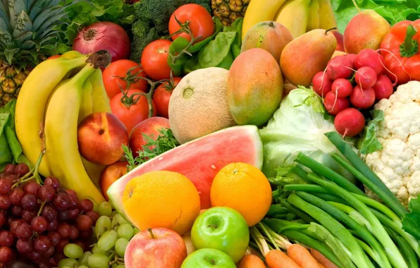 Apple, orange, bow, grapes, pear, pepper, fruit, mango