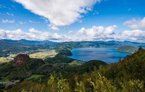 The sky, clouds, mountains, branches, lake, blue, stones, rocks