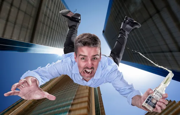 Bottle, drop, guy, Creek, skyscrapers