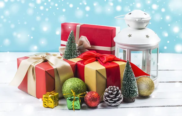 Snow, decoration, New Year, Christmas, lantern, gifts, Christmas, wood