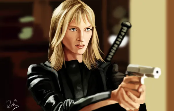 Gun, weapons, figure, katana, art, blonde, costume, Kill Bill