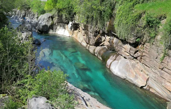 Mountains, river, Switzerland, canyon, Switzerland, Verzasca Valley, Lavertezzo, Verzasca River