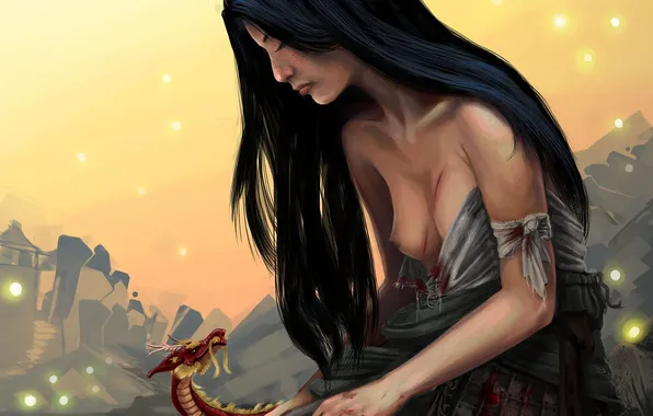 Chest, girl, dragon, art, Asian, wounds, Mulan