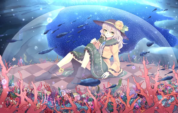 Water, girl, fish, corals, sphere, sitting, touhou, art