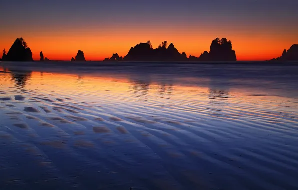Sea, the sky, sunset, rocks, glow