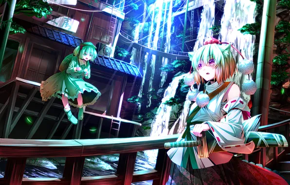 Picture water, the city, girls, waterfall, sword, railings, touhou, kawashiro nitori