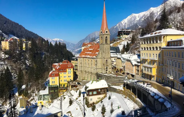 Snow, mountains, building