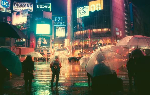 Night, The city, Neon, People, Light, Rain, Advertising, Tokyo