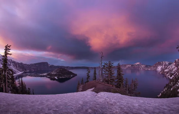 Winter, snow, sunset, island, Lake, USA, crater, Oregon