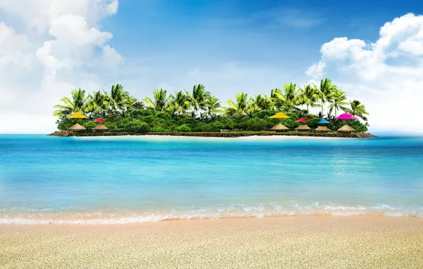 Sea, beach, nature, tropics, palm trees, island, umbrellas