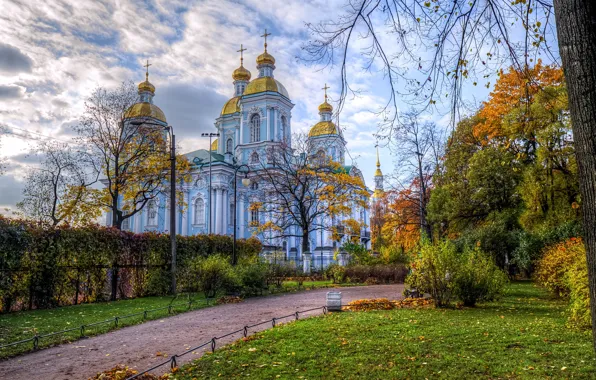 Autumn, the sky, grass, leaves, clouds, trees, Park, Saint Petersburg