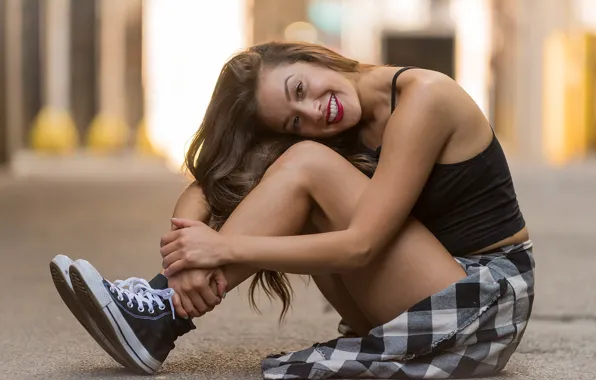 Picture girl, smile, street, legs, bokeh, Selena