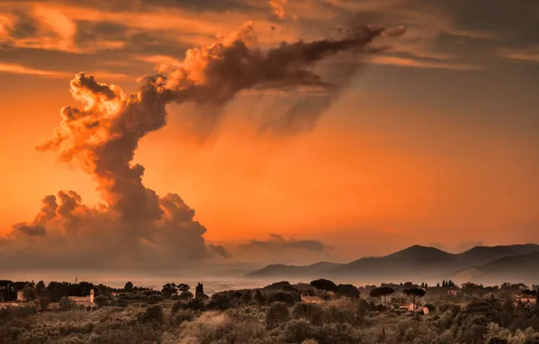 The sky, mountains, clouds, house, the evening, Italy, Tuscany