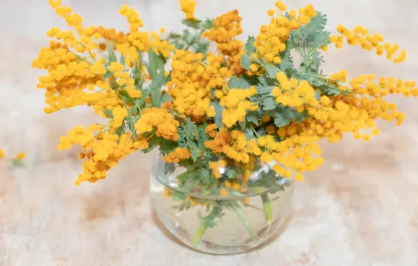 Flowers, table, bouquet, spring, yellow, vase, flowering, bokeh